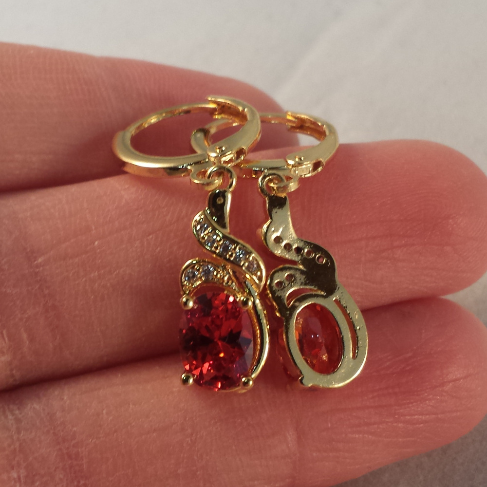 18K Yellow Gold Filled Ruby Red Diamond Zircon Swirl Dangle Earrings 1.21ctw ea. - Picture 3 of 3